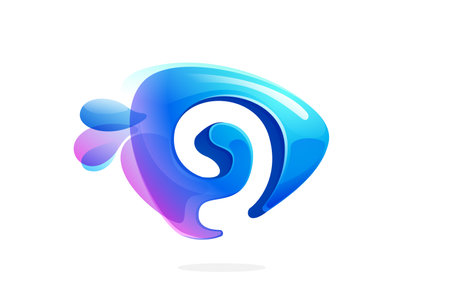 9 logo. Number nine made of spring water and dew drops. Environment friendly initial. Pure eco emblem in overlapping watercolor style. 3D realistic icon in triangle arrow shape. Vector play button.のイラスト素材