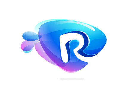 R letter logo made of spring water and dew drops. Environment friendly initial. Pure eco emblem in overlapping watercolor style. 3D realistic icon in round triangle arrow shape. Vector play button.のイラスト素材