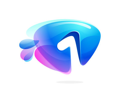 1 logo. Number one made of spring water and dew drops. Environment friendly initial. Pure eco emblem in overlapping watercolor style. 3D realistic icon in triangle arrow shape. Vector play button.のイラスト素材