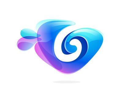 6 logo. Number six made of spring water and dew drops. Environment friendly initial. Pure eco emblem in overlapping watercolor style. 3D realistic icon in triangle arrow shape. Vector play button.のイラスト素材
