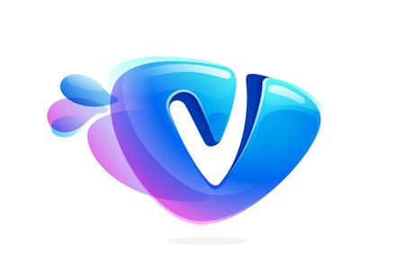 V letter logo made of spring water and dew drops. Environment friendly initial. Pure eco emblem in overlapping watercolor style. 3D realistic icon in round triangle arrow shape. Vector play button.のイラスト素材