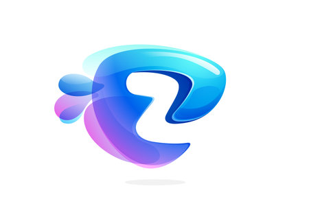 Z letter logo made of spring water and dew drops. Environment friendly initial. Pure eco emblem in overlapping watercolor style. 3D realistic icon in round triangle arrow shape. Vector play button.のイラスト素材
