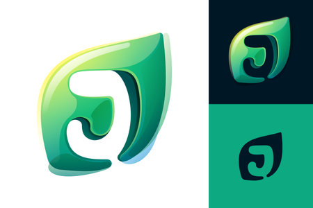 J letter eco logo. Green leaf carving. 3D realistic icon. Environment friendly forest initial in watercolor style. Font for botanical labels, floral headlines, recycle posters, organic cards.のイラスト素材
