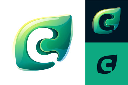 C letter eco logo. Green leaf carving. 3D realistic icon. Environment friendly forest initial in watercolor style. Font for botanical labels, floral headlines, recycle posters, organic cards.のイラスト素材