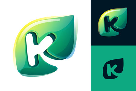 K letter eco logo. Green leaf carving. 3D realistic icon. Environment friendly forest initial in watercolor style. Font for botanical labels, floral headlines, recycle posters, organic cards.のイラスト素材
