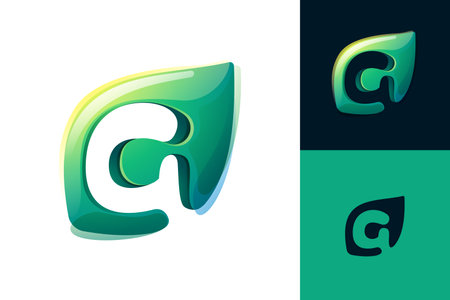 G letter eco logo. Green leaf carving. 3D realistic icon. Environment friendly forest initial in watercolor style. Font for botanical labels, floral headlines, recycle posters, organic cards.のイラスト素材
