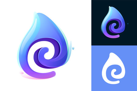 Pure water drop E letter logo. Eco-friendly 3D realistic icon. Wild wave initial in overlapping watercolor style. Dew droplet for healthy drink bottle emblem. Font for filter labels, nature posters.のイラスト素材