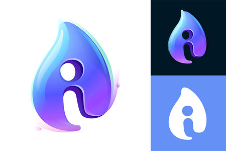 Pure water drop I letter logo. Eco-friendly 3D realistic icon. Wild wave initial in overlapping watercolor style. Dew droplet for healthy drink bottle emblem. Font for filter labels, nature posters.のイラスト素材