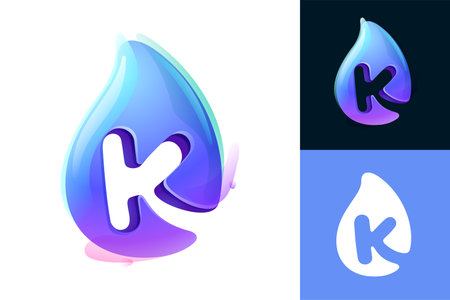 Pure water drop K letter  . Eco-friendly 3D realistic icon. Wild wave initial in overlapping watercolor style. Dew droplet for healthy drink bottle emblem. Font for filter labels, nature posters.のイラスト素材