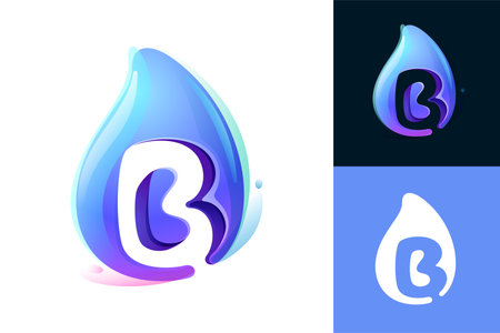 Pure water drop B letter logo. Eco-friendly 3D realistic icon. Wild wave initial in overlapping watercolor style. Dew droplet for healthy drink bottle emblem. Font for filter labels, nature posters.のイラスト素材