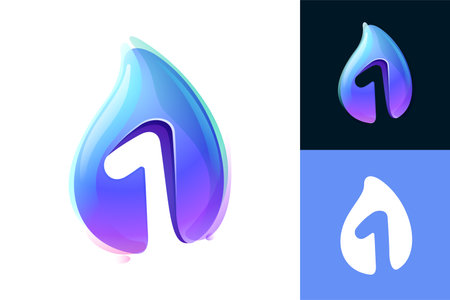 1 logo. Pure water drop number one logo. Eco-friendly 3D realistic icon. Wild wave initial in overlapping watercolor style. Dew droplet for healthy drink bottle emblem. Font for filter, nature art.のイラスト素材