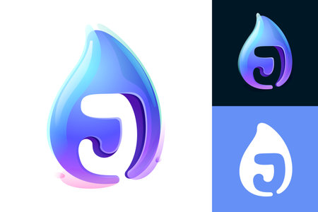Pure water drop J letter logo. Eco-friendly 3D realistic icon. Wild wave initial in overlapping watercolor style. Dew droplet for healthy drink bottle emblem. Font for filter labels, nature posters.のイラスト素材