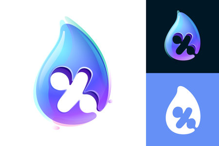 Percent sign in pure water drop. Eco-friendly 3D realistic icon. Wild wave initial in overlapping watercolor style. Dew droplet for healthy drink bottle emblem. Font for filter labels, nature posters.のイラスト素材