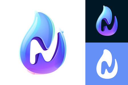 Pure water drop N letter logo. Eco-friendly 3D realistic icon. Wild wave initial in overlapping watercolor style. Dew droplet for healthy drink bottle emblem. Font for filter labels, nature posters.のイラスト素材