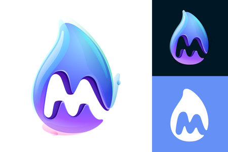 Pure water drop M letter logo. Eco-friendly 3D realistic icon. Wild wave initial in overlapping watercolor style. Dew droplet for healthy drink bottle emblem. Font for filter labels, nature posters.のイラスト素材