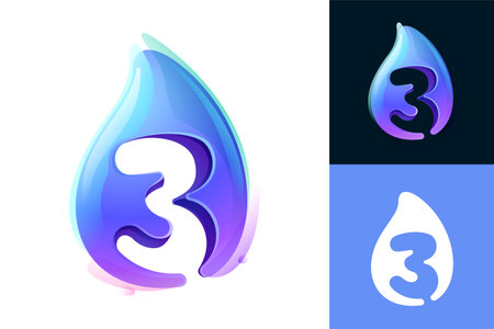 3 logo. Pure water drop number three logo. Eco-friendly 3D realistic icon. Wild wave initial in overlapping watercolor style. Dew droplet for healthy drink bottle emblem. Font for filter, nature art.のイラスト素材