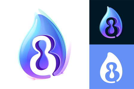 8  . Pure water drop number eight  . Eco-friendly 3D realistic icon. Wild wave initial in overlapping watercolor style. Dew droplet for healthy drink bottle emblem. Font for filter, nature art.のイラスト素材