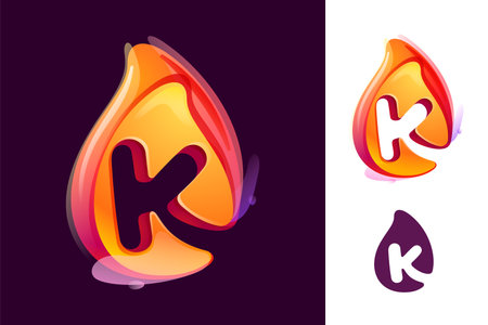 K letter logo in fire flame. Negative space 3D realistic icon. Vibrant initial in overlapping watercolor style. Vector watercolor font for danger labels, multicolor warning posters, sport identity.のイラスト素材