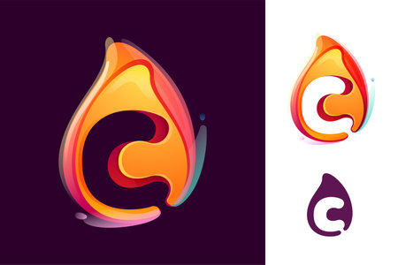 C letter  in fire flame. Negative space 3D realistic icon. Vibrant initial in overlapping watercolor style. Vector watercolor font for danger labels, multicolor warning posters, sport identity.のイラスト素材