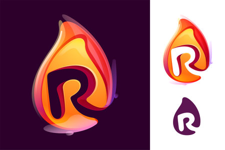 R letter logo in fire flame. Negative space 3D realistic icon. Vibrant initial in overlapping watercolor style. Vector watercolor font for danger labels, multicolor warning posters, sport identity.のイラスト素材
