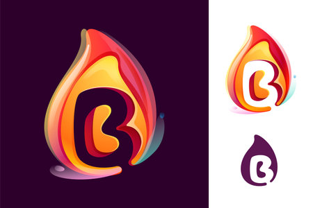 B letter logo in fire flame. Negative space 3D realistic icon. Vibrant initial in overlapping watercolor style. Vector watercolor font for danger labels, multicolor warning posters, sport identity.のイラスト素材