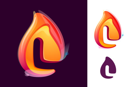 L letter logo in fire flame. Negative space 3D realistic icon. Vibrant initial in overlapping watercolor style. Vector watercolor font for danger labels, multicolor warning posters, sport identity.のイラスト素材