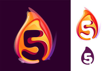 5 logo. Number five in fire flame. Negative space 3D realistic icon. Vibrant initial in overlapping watercolor style. Vector watercolor font for danger labels, warning posters, sport identity.のイラスト素材