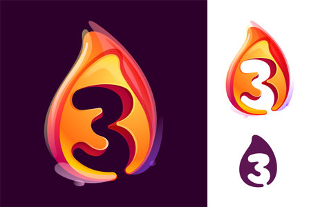3 logo. Number three in fire flame. Negative space 3D realistic icon. Vibrant initial in overlapping watercolor style. Vector watercolor font for danger labels, warning posters, sport identity.のイラスト素材