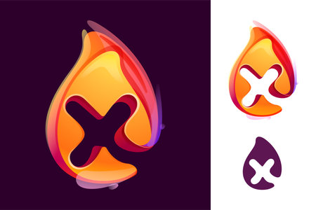 X letter logo in fire flame. Negative space 3D realistic icon. Vibrant initial in overlapping watercolor style. Vector watercolor font for danger labels, multicolor warning posters, sport identity.のイラスト素材