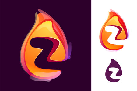 Z letter logo in fire flame. Negative space 3D realistic icon. Vibrant initial in overlapping watercolor style. Vector watercolor font for danger labels, multicolor warning posters, sport identity.のイラスト素材
