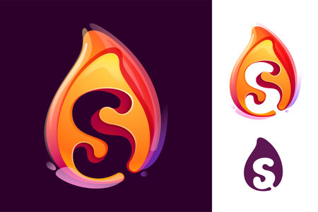 S letter logo in fire flame. Negative space 3D realistic icon. Vibrant initial in overlapping watercolor style. Vector watercolor font for danger labels, multicolor warning posters, sport identity.のイラスト素材