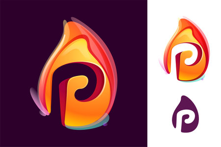 P letter logo in fire flame. Negative space 3D realistic icon. Vibrant initial in overlapping watercolor style. Vector watercolor font for danger labels, multicolor warning posters, sport identity.のイラスト素材