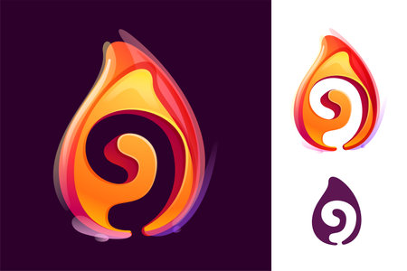 9 logo. Number nine in fire flame. Negative space 3D realistic icon. Vibrant initial in overlapping watercolor style. Vector watercolor font for danger labels, warning posters, sport identity.のイラスト素材