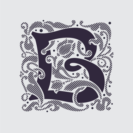 Medieval capital letter B logo in floral ornament and diagonal hatching. Vintage antique gothic style drop cap. Luxury vector initial. Victorian engraved icon for royal monogram, classic invitation.のイラスト素材