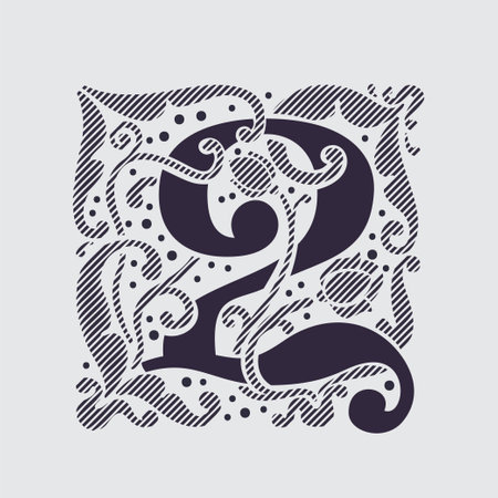 2 logo. Medieval number two in floral ornament and diagonal hatching. Vintage antique gothic style drop cap. Luxury vector initial. Victorian engraved icon for royal monogram, classic invitation.のイラスト素材