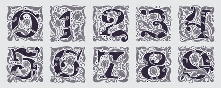 Medieval numbers set in floral ornament and diagonal hatching. Vintage antique gothic style drop caps. Luxury vector initials. Victorian engraved icons for royal monogram, classic invitation.のイラスト素材