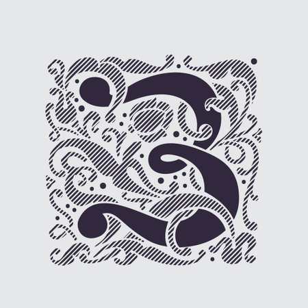 3 logo. Medieval number three in floral ornament and diagonal hatching. Vintage antique gothic style drop cap. Luxury vector initial. Victorian engraved icon for royal monogram, classic invitation.のイラスト素材