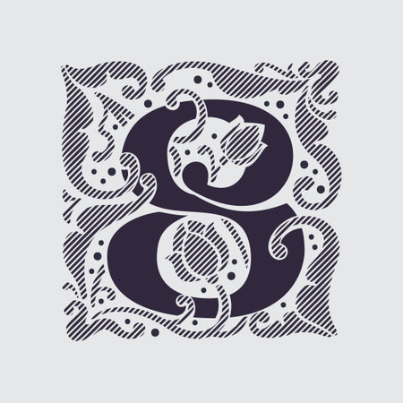 8 logo. Medieval number eight in floral ornament and diagonal hatching. Vintage antique gothic style drop cap. Luxury vector initial. Victorian engraved icon for royal monogram, classic invitation.のイラスト素材