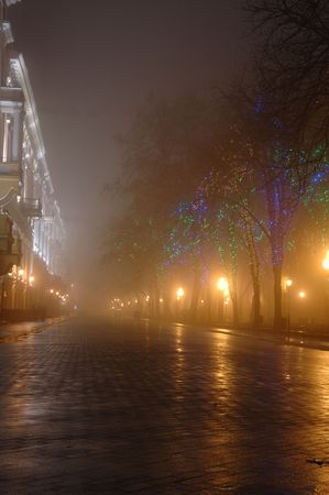 Foggy night on Primorskii Boulevard,Odessa,Ukraineの写真素材