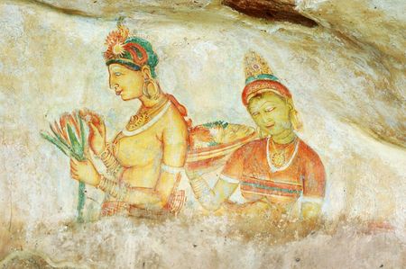 Wall painting in Sigiriya rock monastery, Sri Lanka -world heritage siteの写真素材