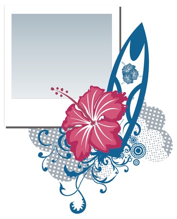 Grunge Summer photo frame with hibiscus and surfboardのイラスト素材