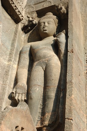 Buddha statue at Ajanta, famous cave temple complex of Southern Indiaの写真素材