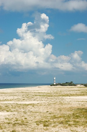 Landscape with old lighthouse on Tendra island,Ukraine の写真素材
