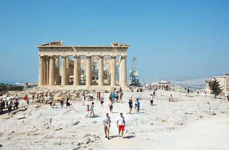Athens,Greece, August 20,2010 - Tourists visiting the Acropolis - Parthenon temple,most popular landmark in the world on August 20, 2010 in Athens,Greeceのeditorial素材