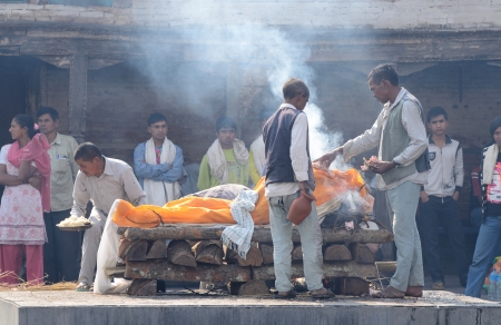 Kathmandu,Nepal,April 27,2013 - local people making cremation ceremony at holy Pashupatinath Temple...