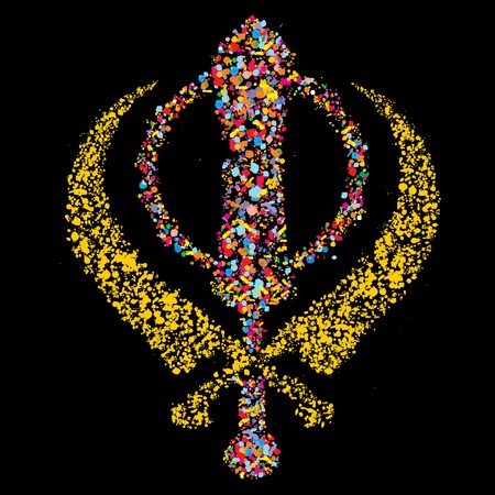 Grunge stylized colorful Khanda,sikh religious symbol on black for holiday vector illustrationのイラスト素材