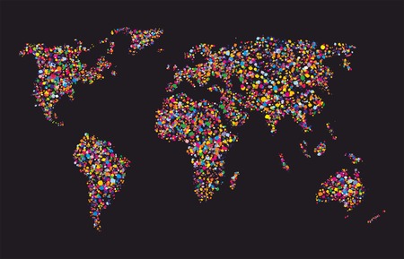 Grunge colourful collage of world map on black background - vector illustration for your travel designのイラスト素材