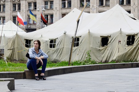 Kiev,Ukraine,June 19,2014 - Protesters tents at Khreshatyk street near Maydan Nezalezhnosti square in Kiev after February revolutionのeditorial素材