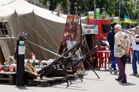 Kiev,Ukraine,June 19,2014 - Maidan Nezalezhnosti square in Kiev after revolution 2013-2014 Homemade protesters weapon - mortars with bursting liquid mixture  のeditorial素材