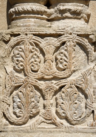 Traditional georgian floral ornament on Bagrati Cathedral wall, Kutaisi,Georgiaの写真素材